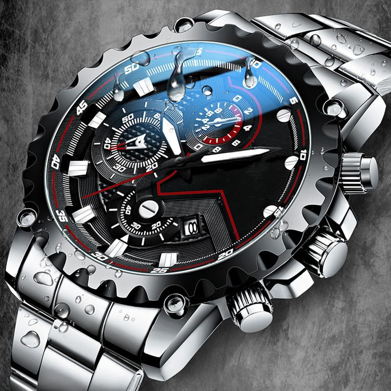 

Мужские часы из нержавеющей стали, водонепроницаемые, светящиеся, с календарем, мужские кварцевые часы