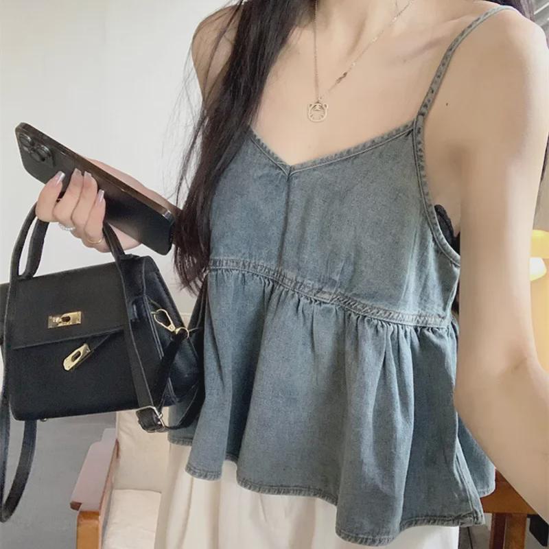 Džínová vesta s plisé v korejském stylu: Dámský top bez rukávů s volánky a vrstvením a tílko s výstřihem do V