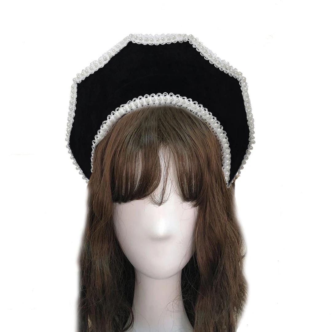 Medieval Elizabethan Tudor Crown Headpiece Royal French Mary Queen Women Cosplay Accessories Retro Headband чёрный