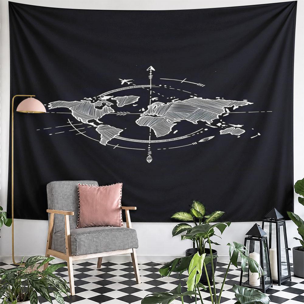 World Map with Compass Design Pattern Wall Hanging Tapestry Decorative Tapestry Home Decor for Bedroom and Living Room