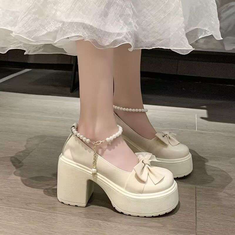 Mary Jane Shoes Women's Spring 2025 New Fashion High Heel Bow Platform Heel Pearl with Skirt Small Leather Shoes