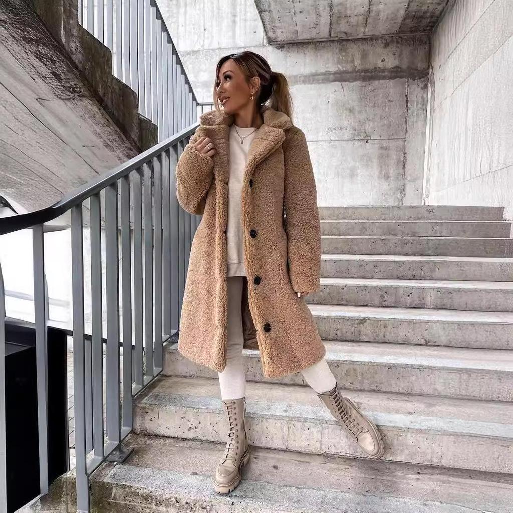 2025 Autumn/Winter Women's Plush Long Coat: Furry, Long-Sleeved, Turn-Down Collar