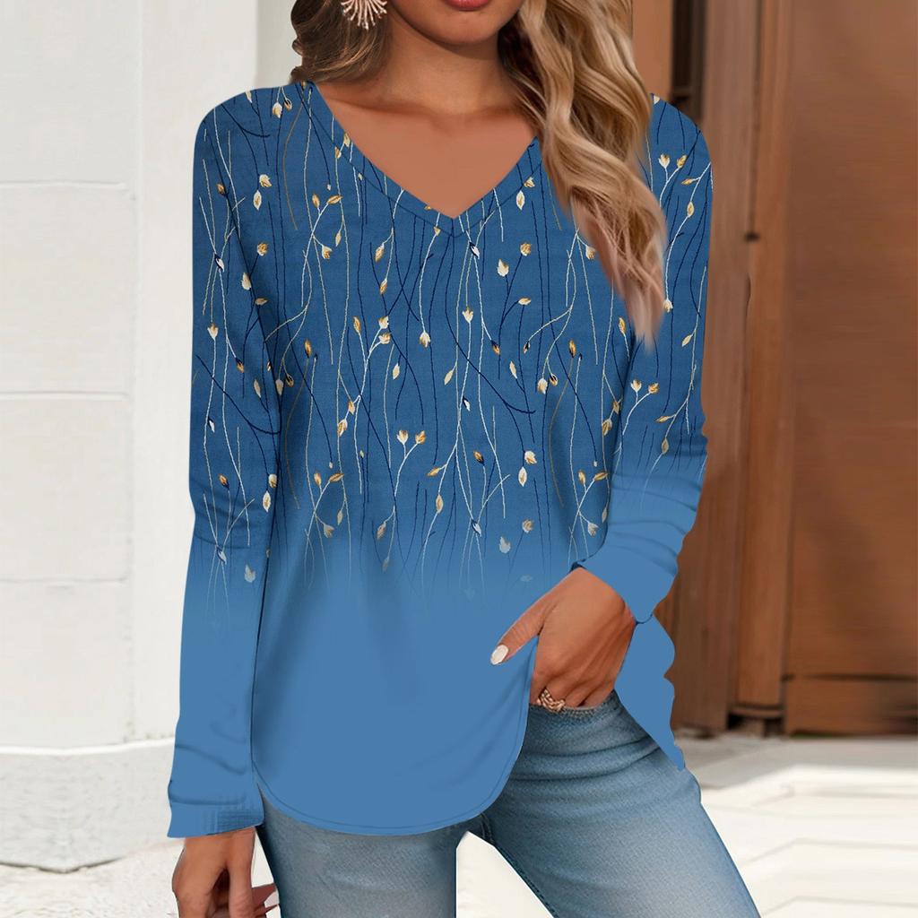 Women's T Shirt Tee Print Long Sleeve Daily Weekend Daily Basic V Neck Regular  Fall Winter Tops