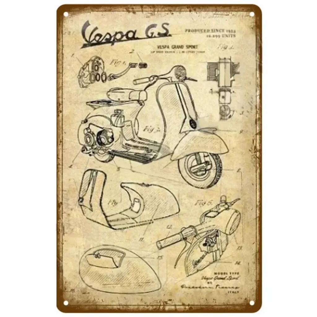 Vespa Motocykl Vintage Kovový Značka" – Retro Umělecká Deska se Skútr Estetikou; Nástěnná dekorace pro domov, kavárnu, zahradu, klub, bar