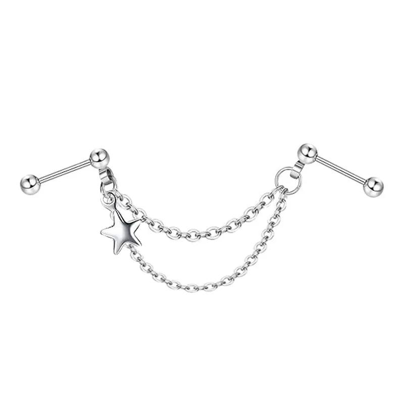 Screw Ball Fashion Piercing Earrings Stainless Steel L Chain Zircon Moon Heart-shaped Earbone Stud