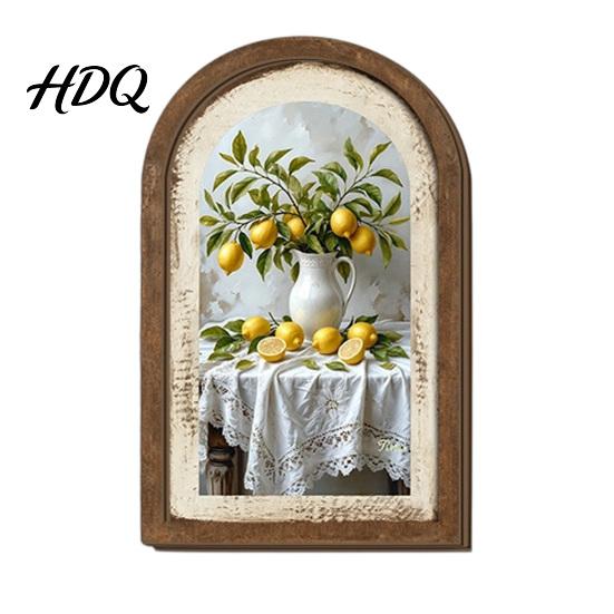 Floral Wall Art Decor Lemon Arched Decor Pastoral Flowers Wooden Sign Nordic Retro Arch Hanging Style Decoration for Home Kitchen Bedroom