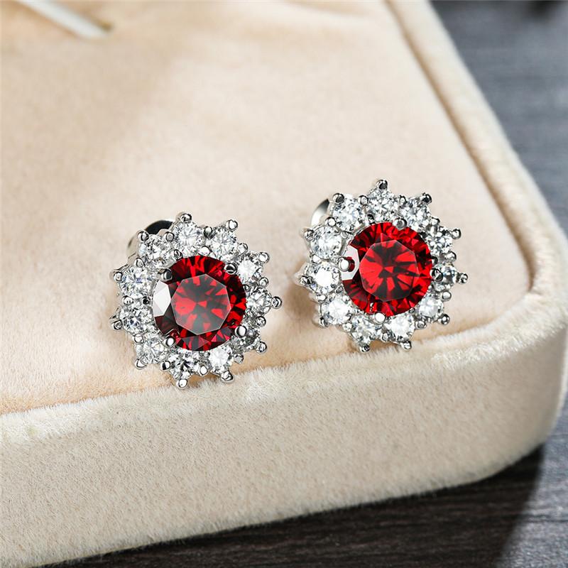 Cute Female Small Red Round Earrings Crystal Stone Fashion Silver Color Wedding Double Stud Earrings For Women