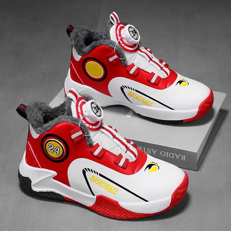 

Autumn/Winter Warm Boys Leather Rotating Buckle Basketball Shoes with Velvet, Children s Sports Professional Basketball Shoes 40 червоний/білий
