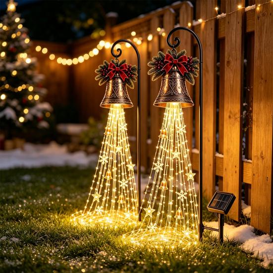 Christmas Ornament Garden Accents Solar Powered Light, Outdoor Metal Stake Snowman Bell Pendant Lamps Star Snowflake Waterfall String Lamp,