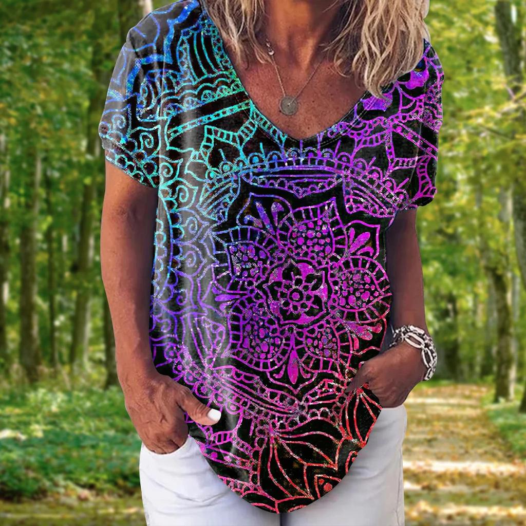 Fashion Women's T-shirt 3D Floral Print Tops Tees V Neck Short Sleeves Female Clothes Summer Large Size T Shirt Woman Clothing