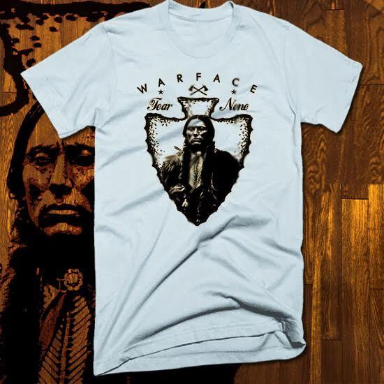 Native American Indian T-Shirt Warrior Chief Skull With Headress, Warface, blue M