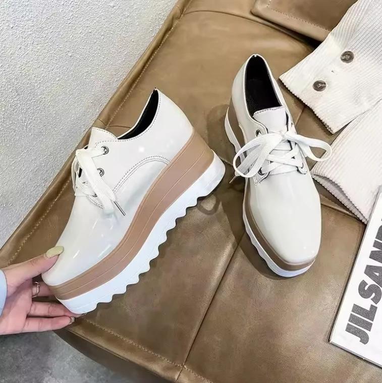 Women's Shoes Slip-on Ladies Vulcanized Shoes Lace-up Moccasins Patent Leather Wedge Heels Non-slip Sneakers for Women