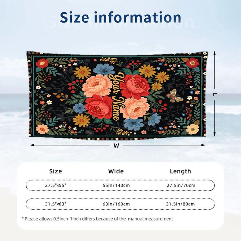Floral Deer Artwork Theme Quick Dry Beach Towel Custom Name Text Print Large Sand Resistant Towel Beach Vacation