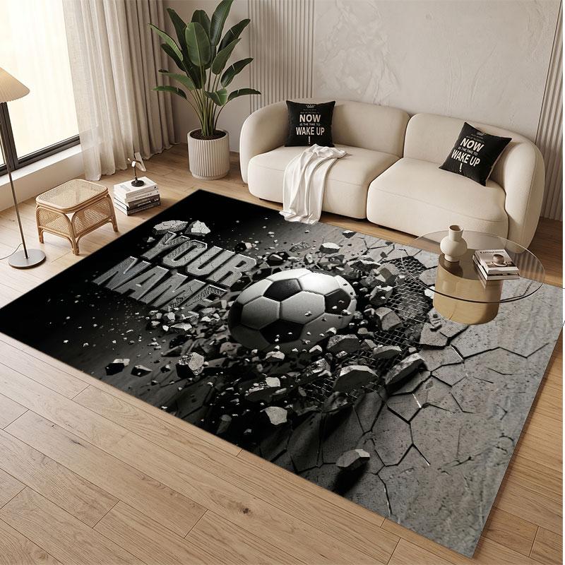 Soccer Theme Soft Crystal Velvet Rug Custom Name & Text Print Non Slip Floor Rug for Bedroom Living Room