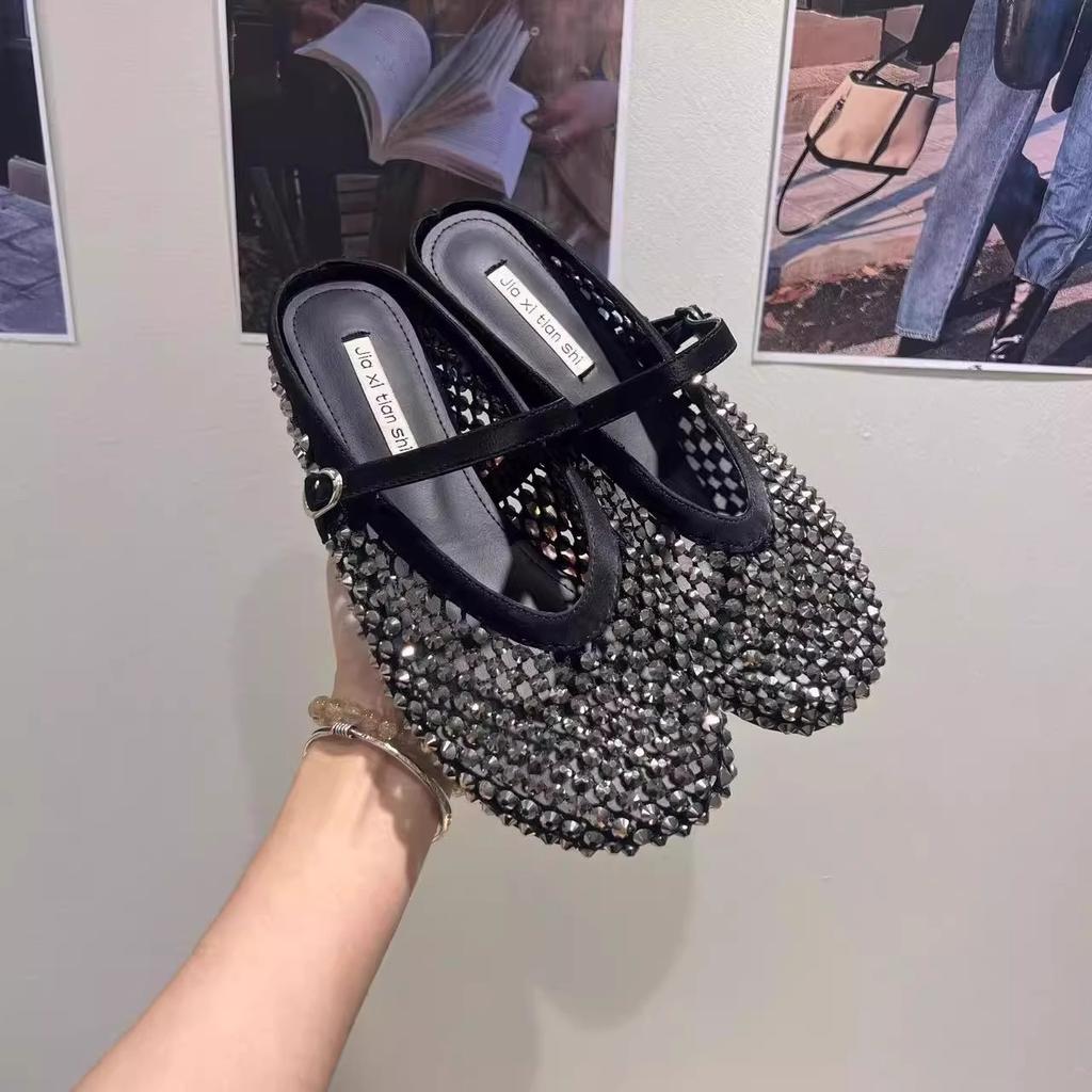 Inner heightening rhinestone golden fishing net bag head half slippers women's 2025 summer new thick-bottomed Mary Jane French sandals