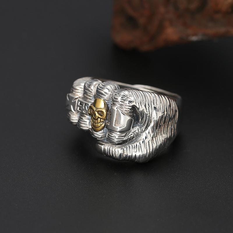 Retro Golden Skull Fist Ring For Men Punk Gothic Rock Hiphop Open Ring Handmade Unisex Zircon Bikers Accessories Lovers Gift