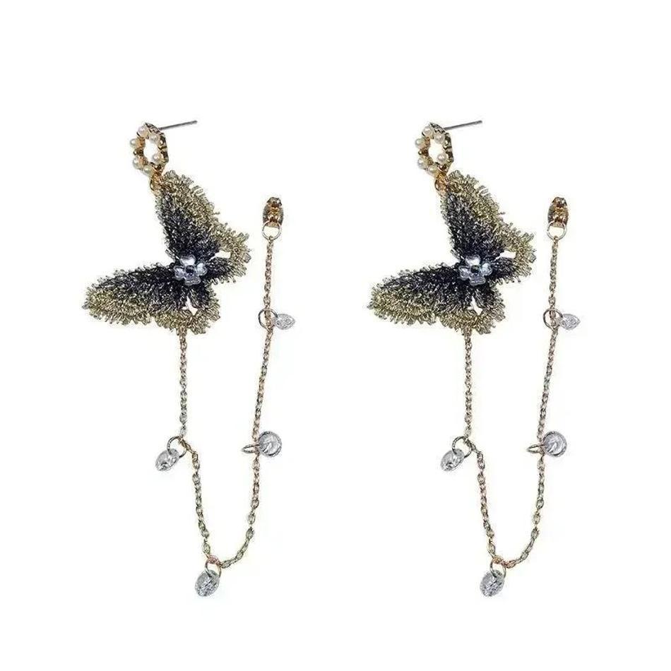 1 Pair 925 Silver Needle Embroidered Butterfly Earrings Simple Versatile Fashionable Long Tassel Pearl Earrings