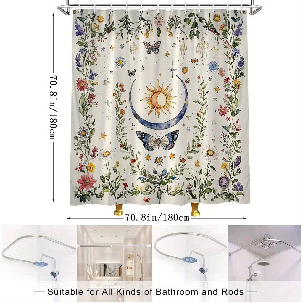 Celestial Botanical Curtain - Sun, Moon, Butterfly, Floral, Polyester, 12 Hooks, 70.8In, Vintage Bath