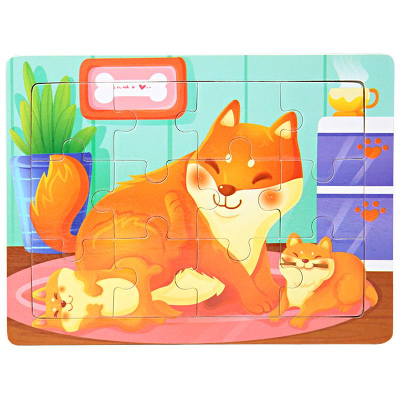 12piece Wooden Jigsaw Puzzle Cartoon Animal Parent-child Theme Puzzles Game Kids Montessori Educational Toys for Children Gifts