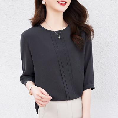 Haut en soie chemise femme manche moyenne printemps et nouvelle chemise à col rond ample manche cinq quarts chemise en soie de mûrier