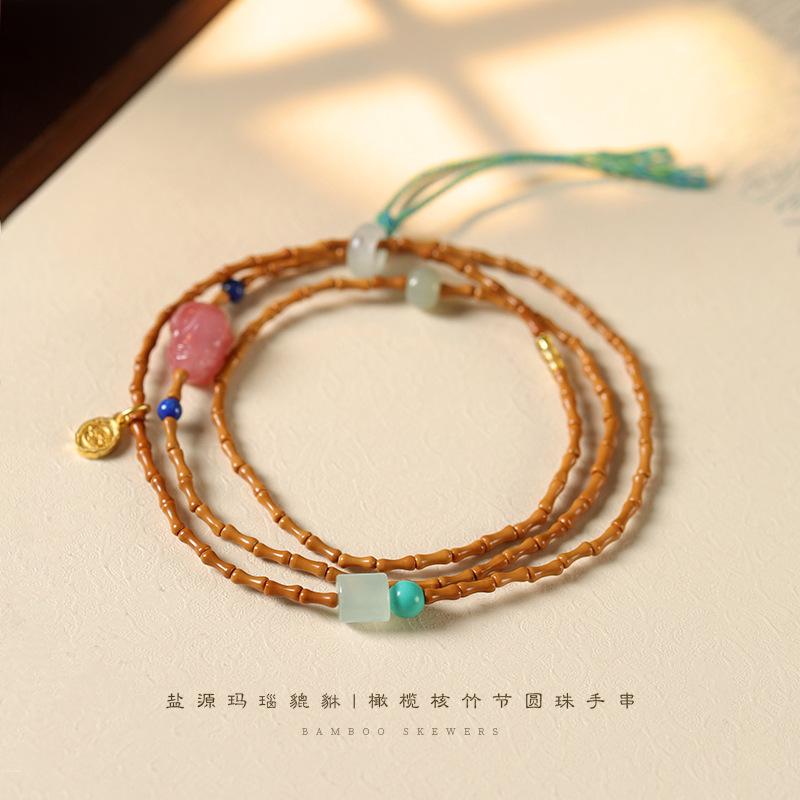 New Chinese-style Olive Pit and Bamboo Knot Bracelet, Yanyuan Agate Pixiu Decorative Piece, Multi-loop Hand Bracelet, Traditional Chinese Style Long