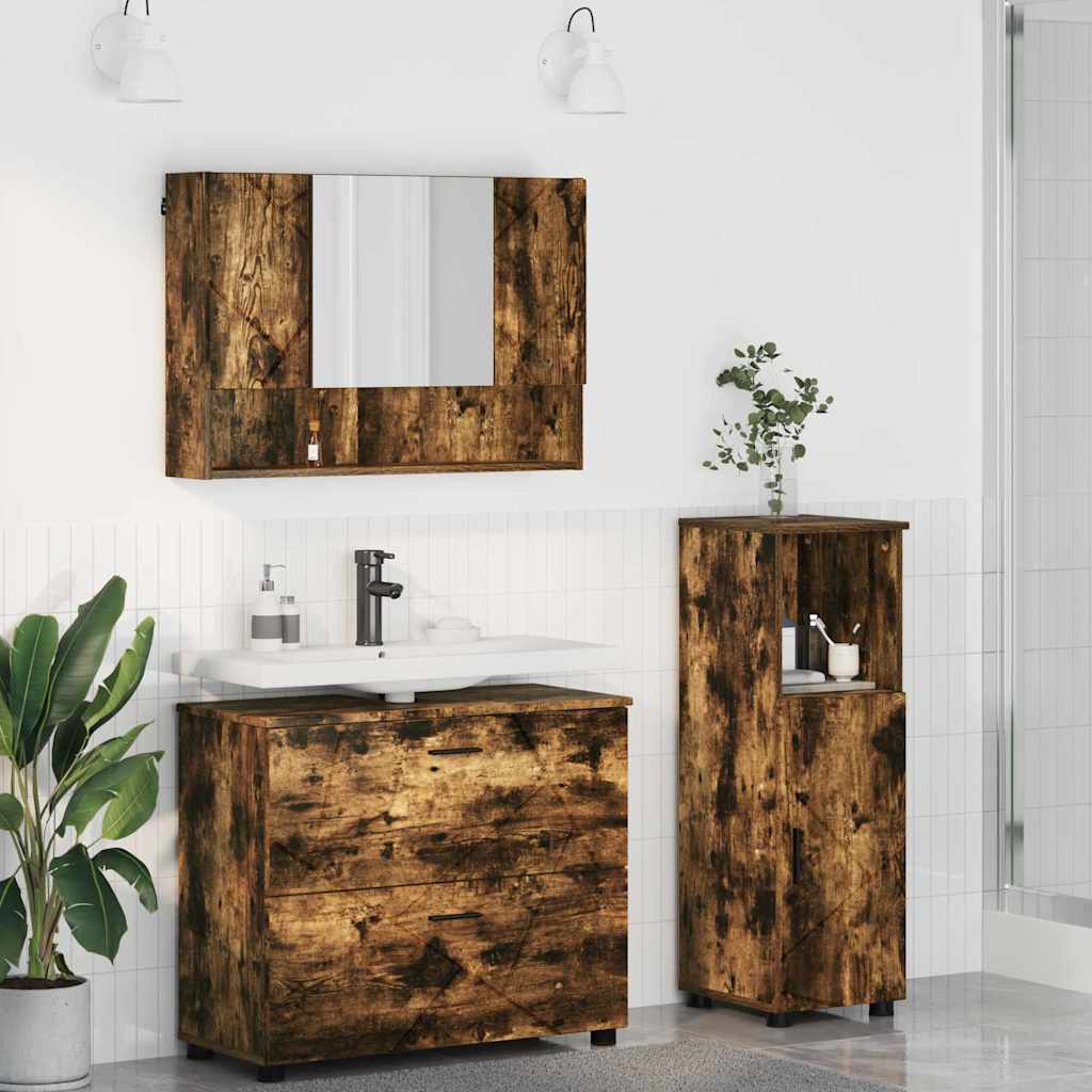Bathroom Furniture Set 3 Pieces Smoked Oak Plywood and Metal