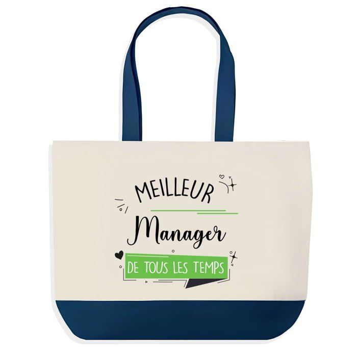 Tote bag - PLANETEE - Grand Sac Courses Cabas - Fond bleu - Coton 40x45 cm - Texte 'Meilleur Manager'