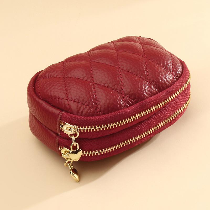Genuine Cowhide Short Wallet Double Zipper Around Coin Purse Women's Credit Card Holder