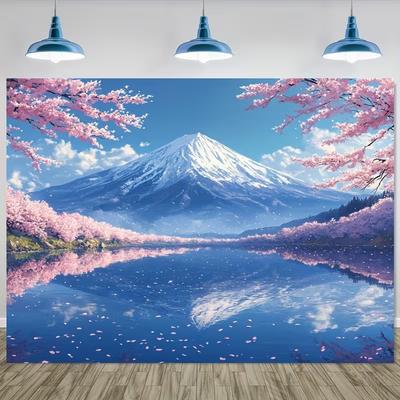 2D Mount Fuji Cherry Blossom Backdrop, Japanese Scenery Photo Background