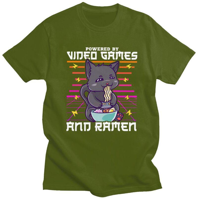 Powered By Video Games Ramen Anime Cat T Shirts Men 100 Cotton Tees Fathers Day Gift Tshirts ShortSleeve Tshirt Clothes