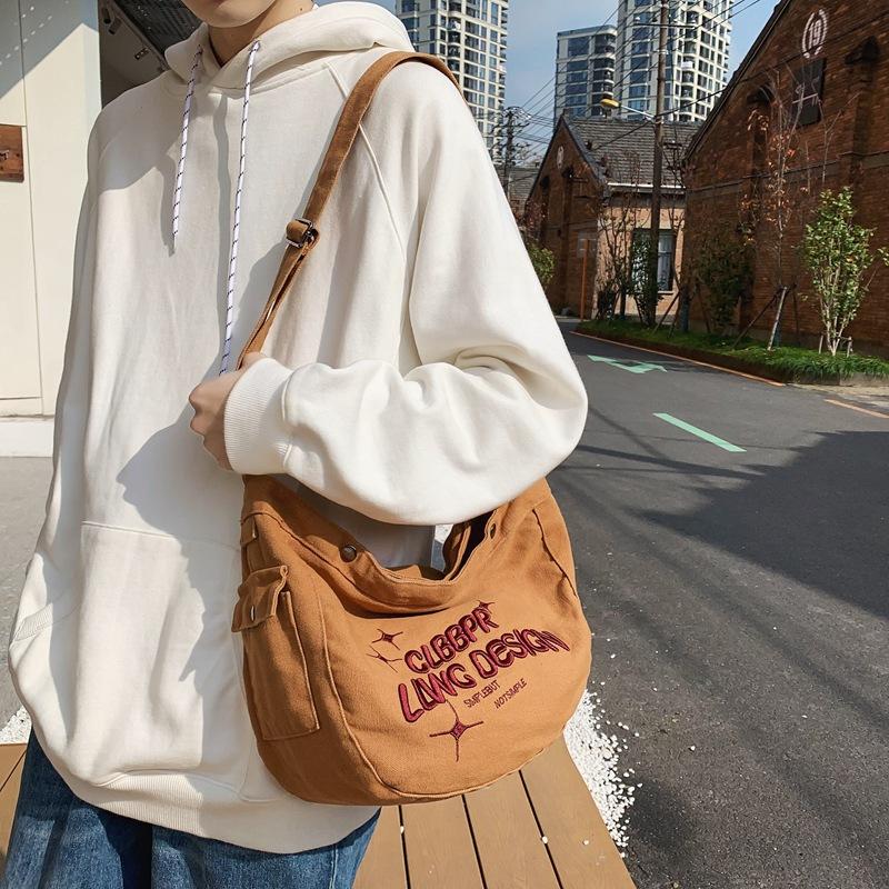 Canvas bag female college student class ins lazy wind large capacity shoulder messenger bag niche letter dumpling bag