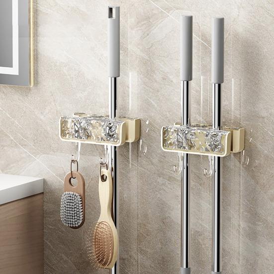 Mop Holder Double-ended Mop Clip Punch-free Broom Rack Space Saving Bathroom Organizer with Hook for Home