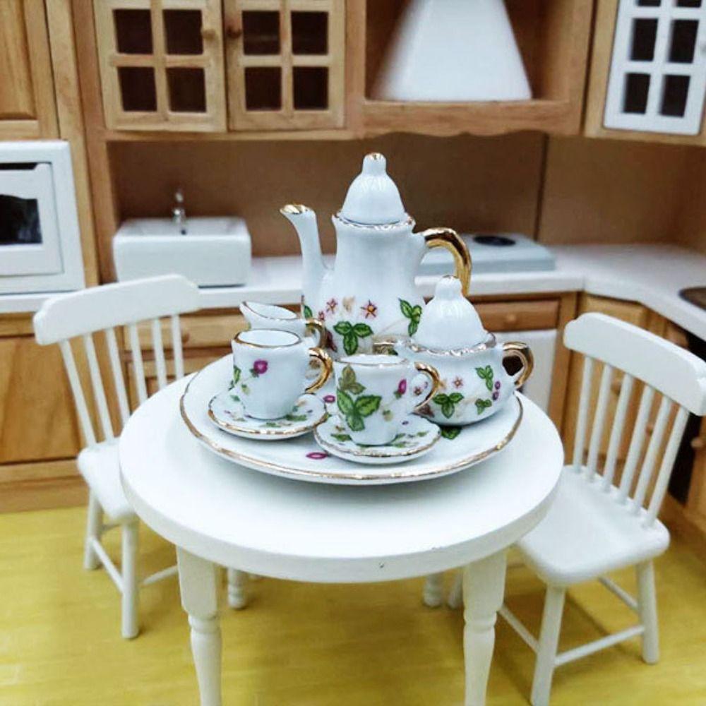 Dish Plate Doll Porcelain Tea Set Floral Print Miniature Cups Pot Pretend Play