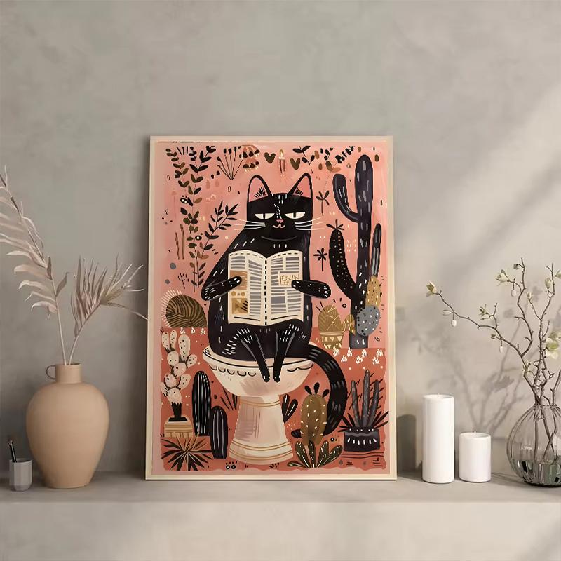 Funny Black Cat Animals On The Toilet Reading Poster Bath Prints Canvas Painting Wall Art Pictures for Toilet WC Home Decor