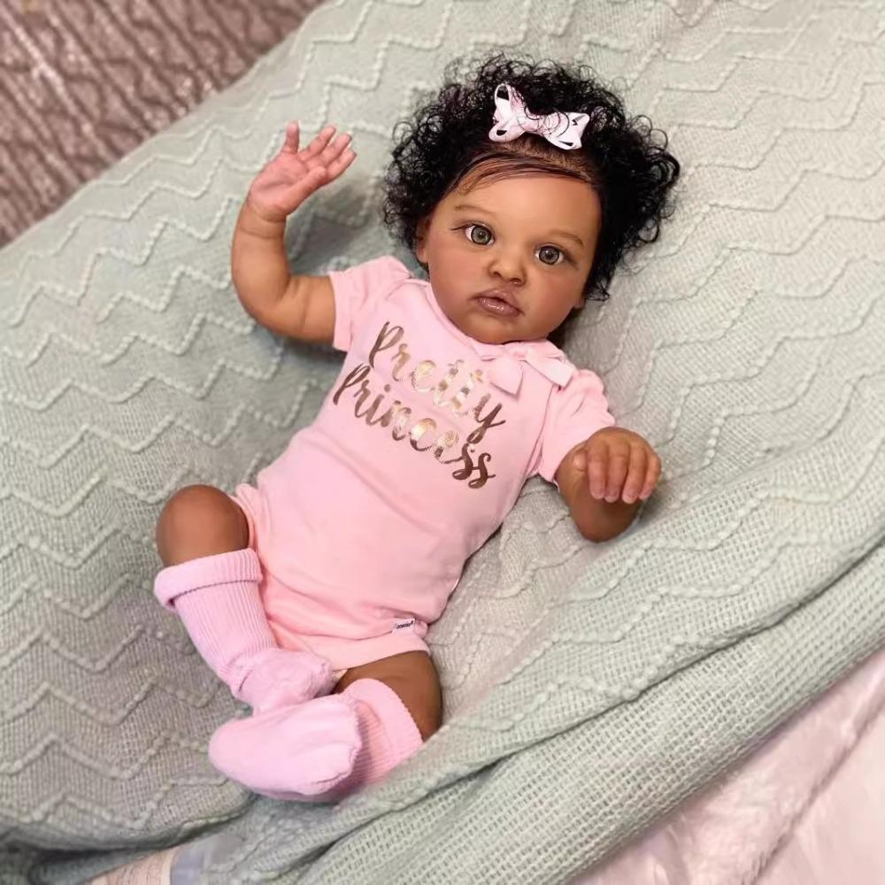 

20 50cm Cloth Body Reborn Babies Dolls Realistic Dark Black Skin Newborn Dolls Handmade Rooted Curly Hair Rebirth Doll Kids Holiday Surprise Gifts cloth body