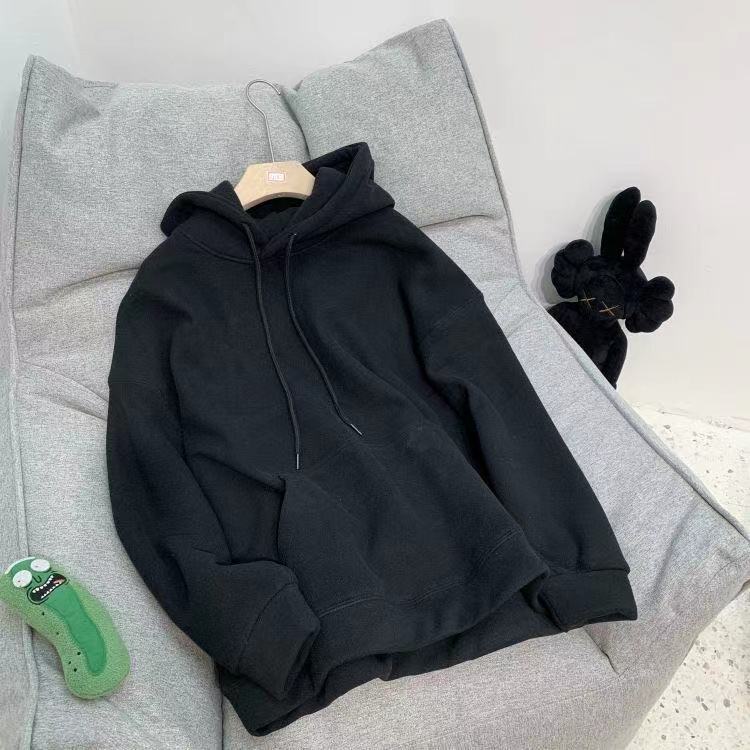 

Бархатная толстовка с капюшоном для женщин, корейская свободная и универсальная толстовка с капюшоном в стиле Харадзюку, однотонная зимняя толстовка с капюшоном L чёрный