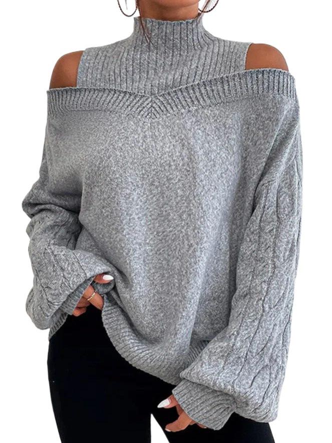 2023 Autumn/Winter Off-Shoulder Semi-High Neck Loose Oversized Knit Sweater for Women
