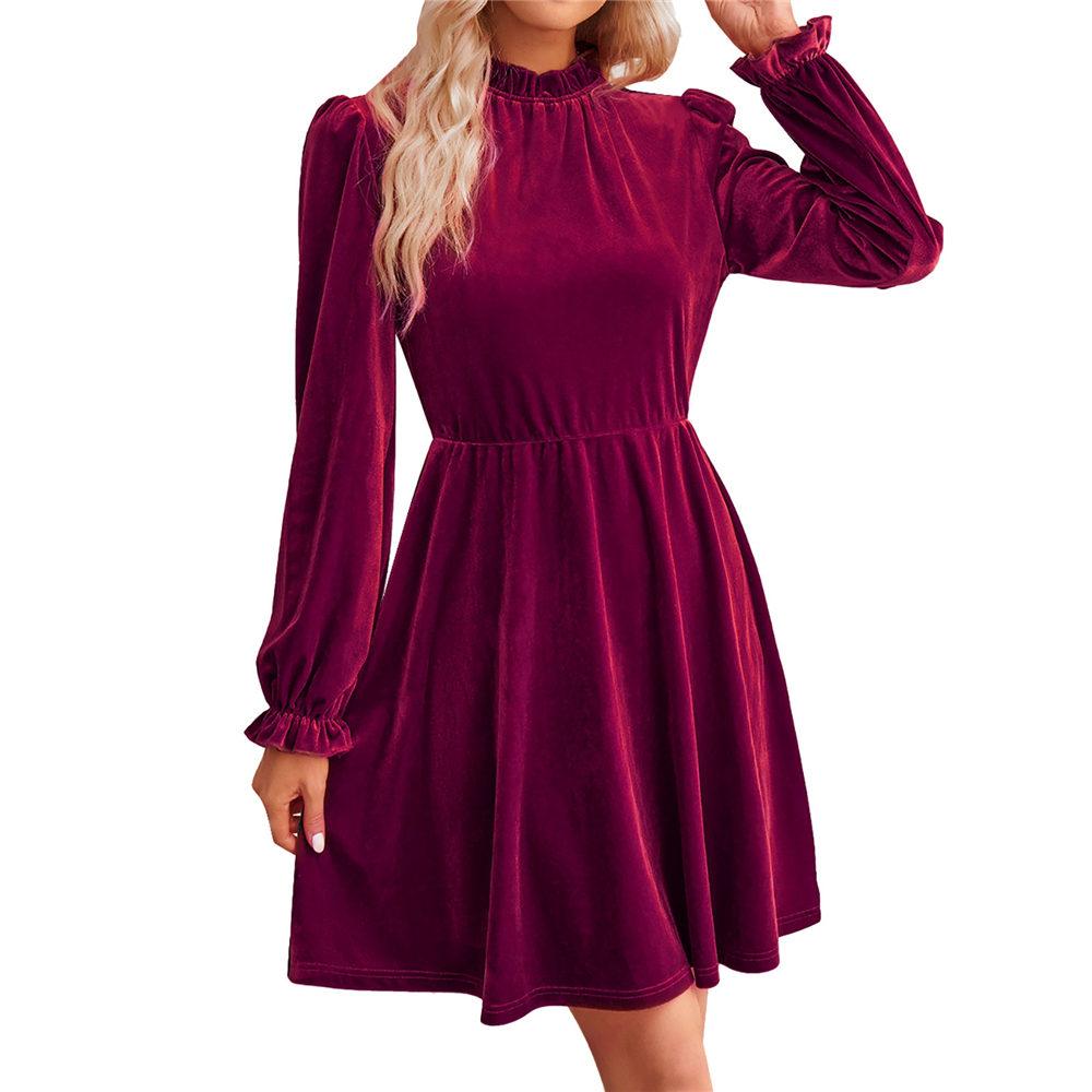 Samtkleid für Damen Winter Casual Hoher Hals Samt Einfarbig Schlanke Taille Kleid Herbst Winter Promi Partykleider