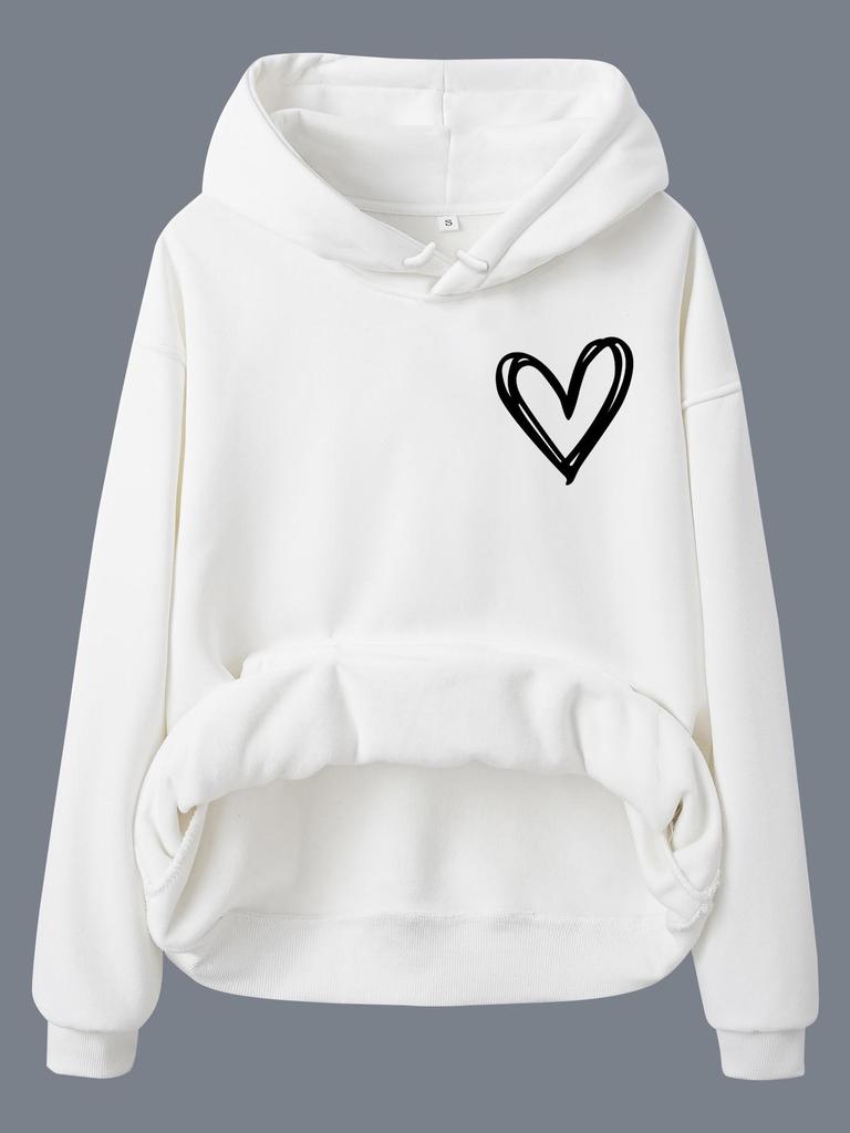 European & American Women's Heart Print Hoodie - Long Sleeve, Fleece-Lined, Kangaroo Pocket, Autumn/Winter Style