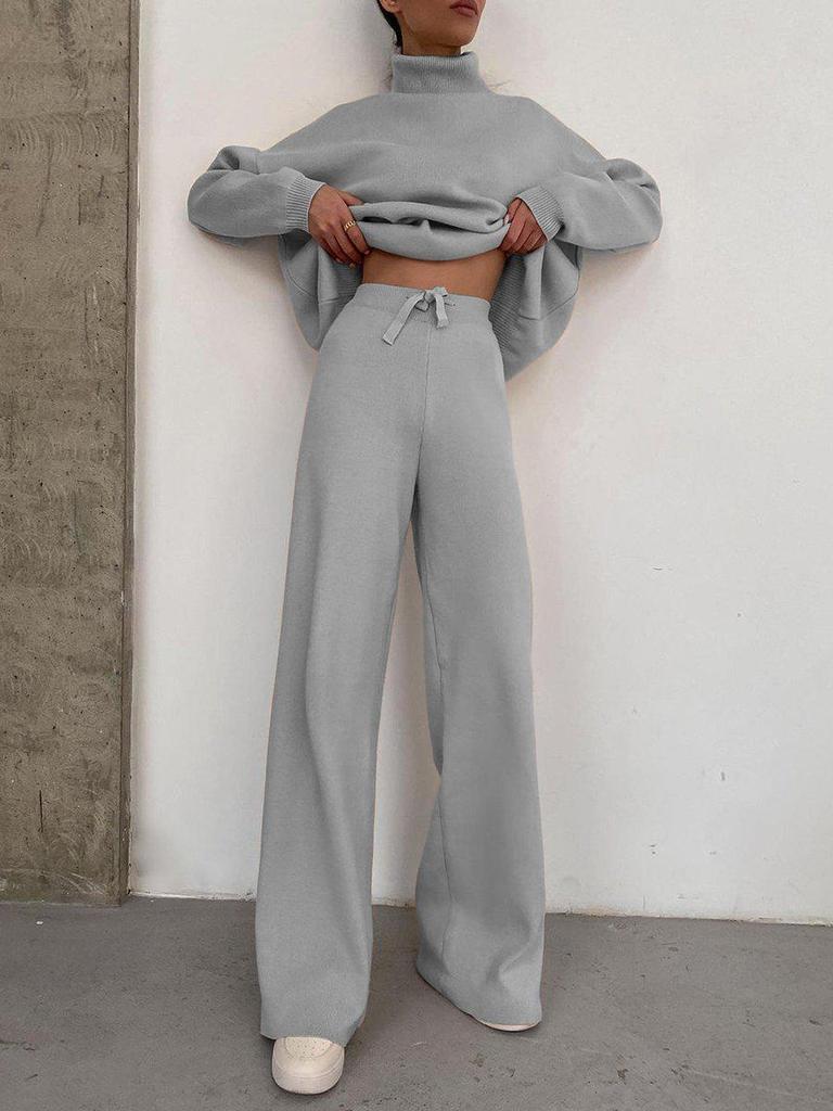 2025 European Style Brown Two-Piece: Long Sleeve High Neck Hoodie & Elegant Wide-Leg Pants