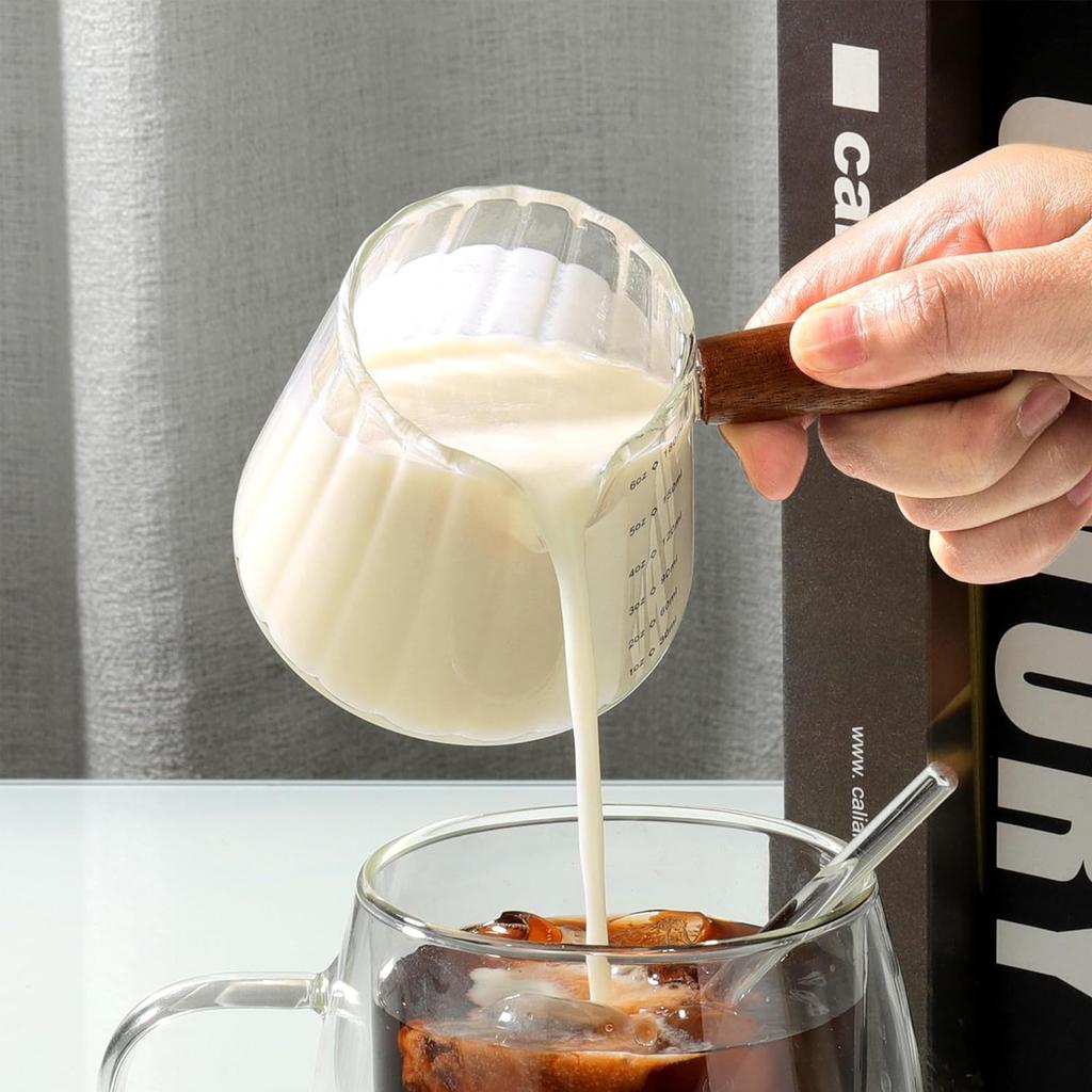 D2 Espresso Shot Glass Cup with Wood Handle Espresso Accessories Single Spouts Milk Frother Measuring Tea Cup with Clear Scale