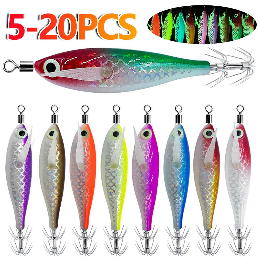 5-20pcs Luminous Squid Jigs Luminous Squid Hook Cuttlefish Attracting Lure Double Hook Squid Jigs Lure Luminous Wood Shrimp Lure