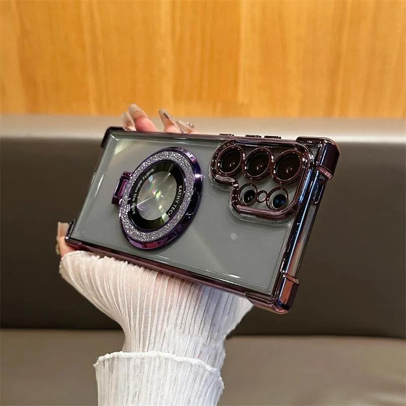 Luxusní třpytivé pouzdro s magnetickým držákem pro Samsung Galaxy A55 5G A35 a54 S24 Ultra S23 FE S22 PlusS21S20 Silikonový kryt odolný proti nárazům