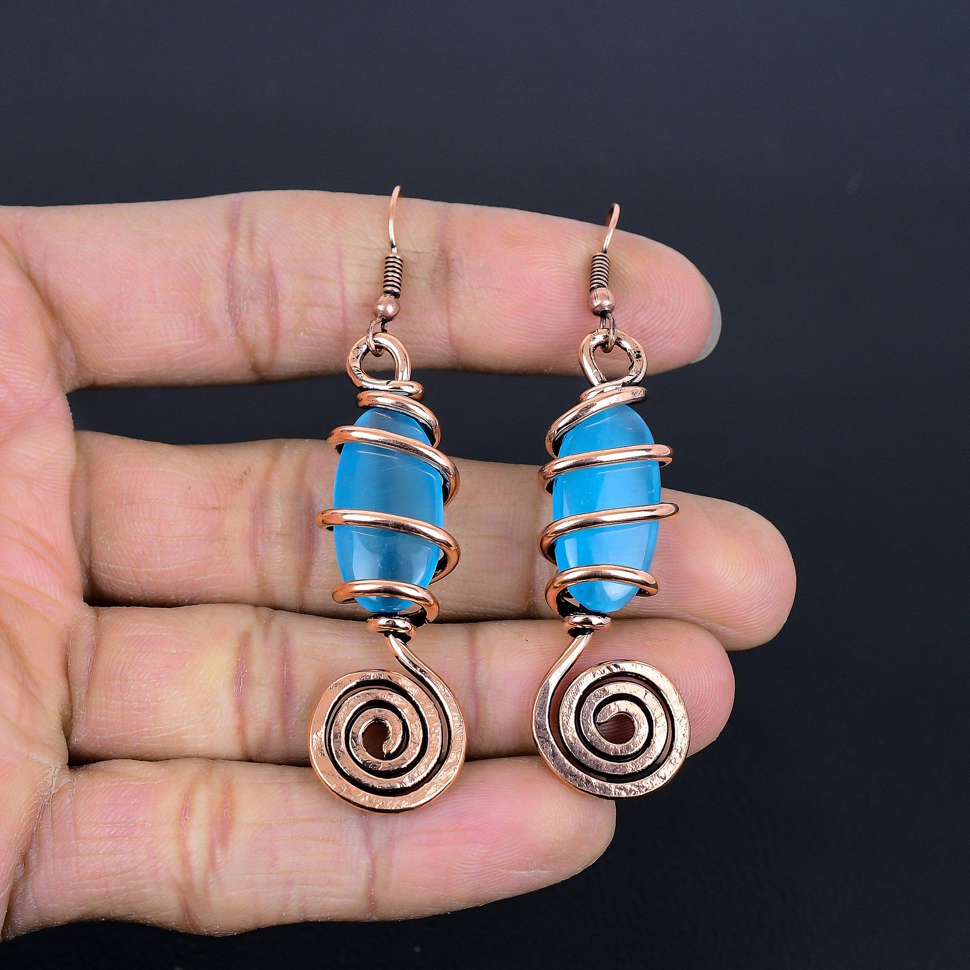 

Blue Chalcedony Copper Electroformed Earrings, Handmade Gemstone Earrings Jewelry, Gifts For Wife Brand New Earrings 2.55 Inches