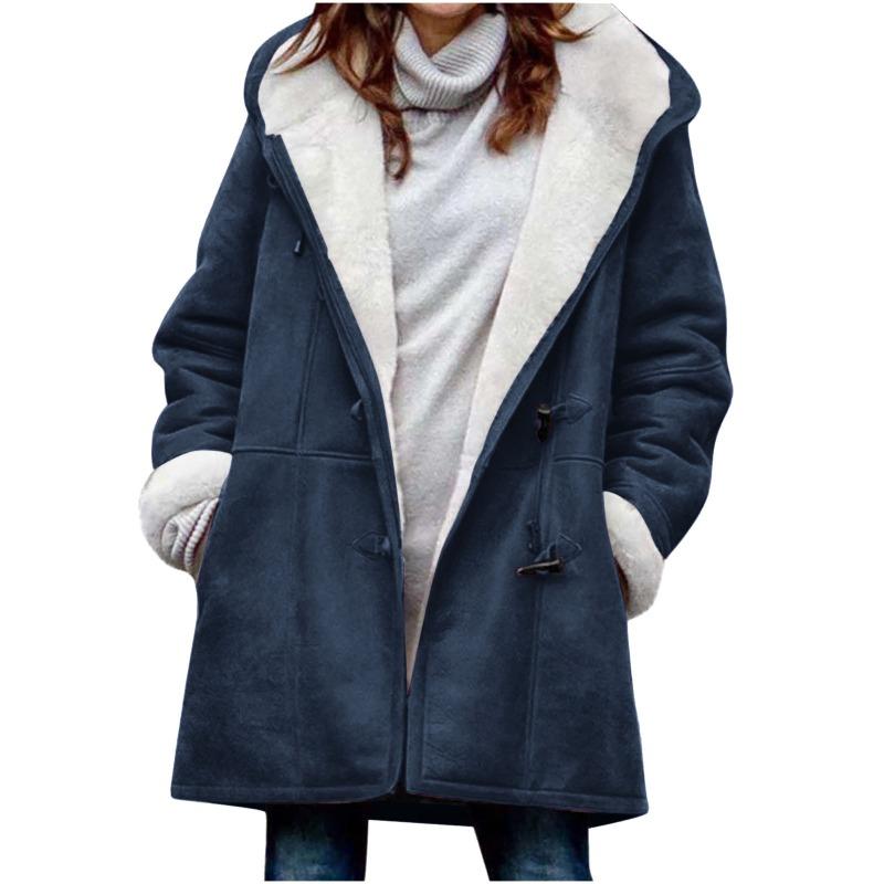 Langärmelige Damen-Fleecejacke mit Kapuze, warm, einfarbig, mit Kuhhornknöpfen