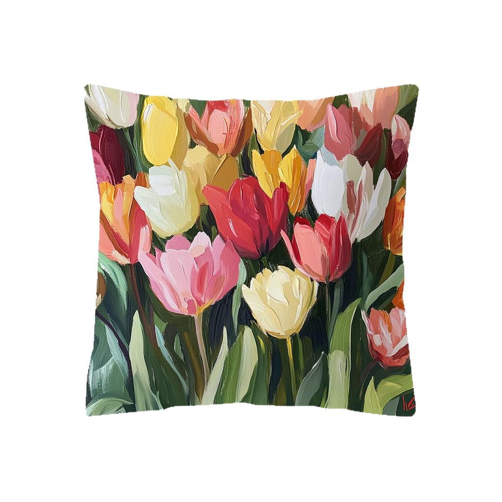 New Simple and Fashionable Tulip Flower Series Linen Single-sided Printed Pillow Case Sofa Decoration