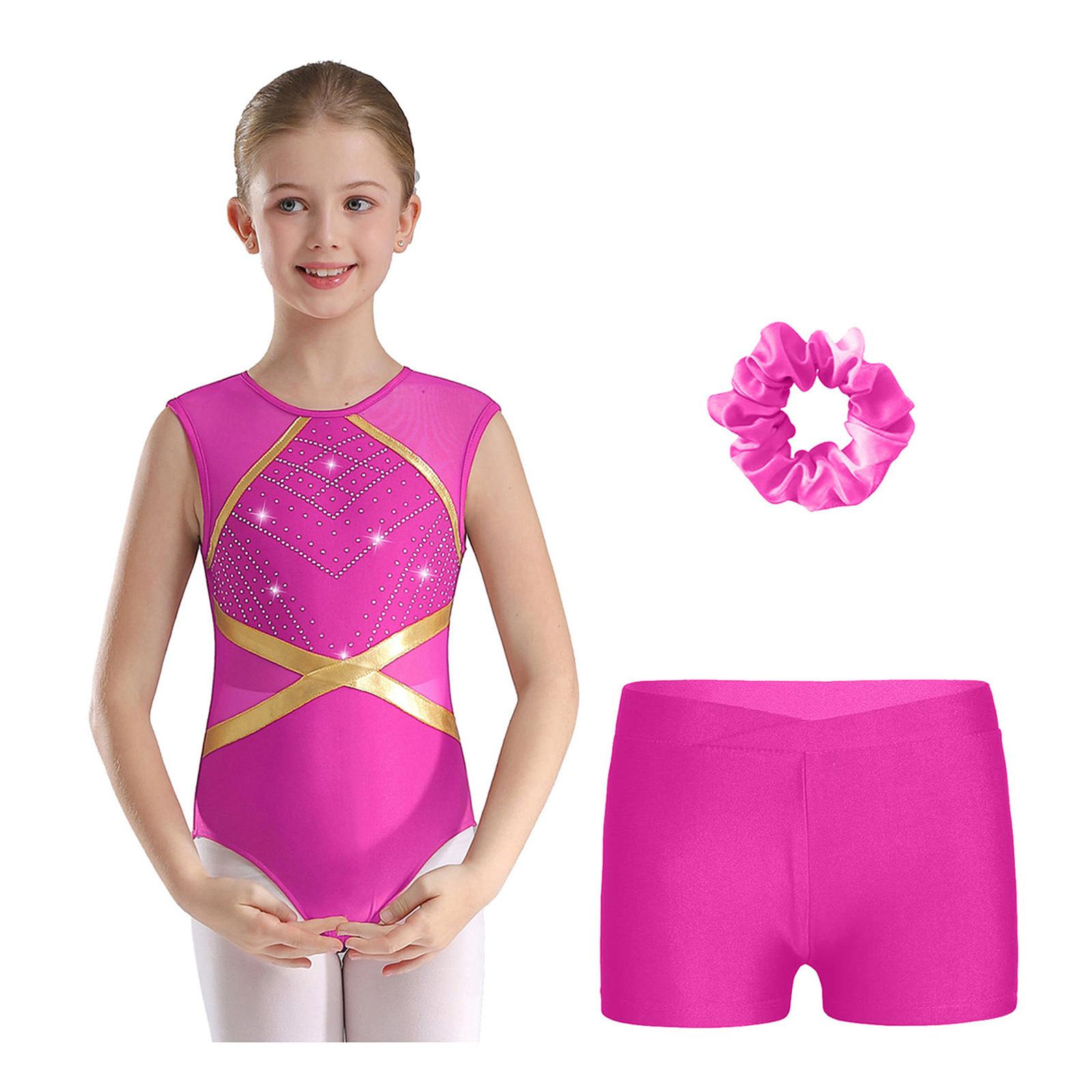 YOOJIA Kinderen Meisjes Gymnastiek Outfit Sleutelgat Rug Patchwork Mouwloos Glinsterende Strass Leotard met V-voorkant Tailleband Shorts Haarelastiek Hoofddeksel 13-14 Years warm roze kleur