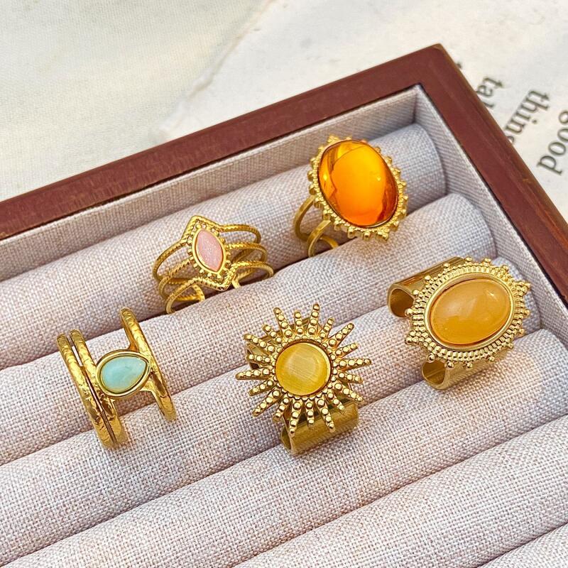 Stainless Steel Colorful Stone Opening Rings for Women Men Retro Classic Wide Gold Color Joint Rings Banquet Jewelry Accessories