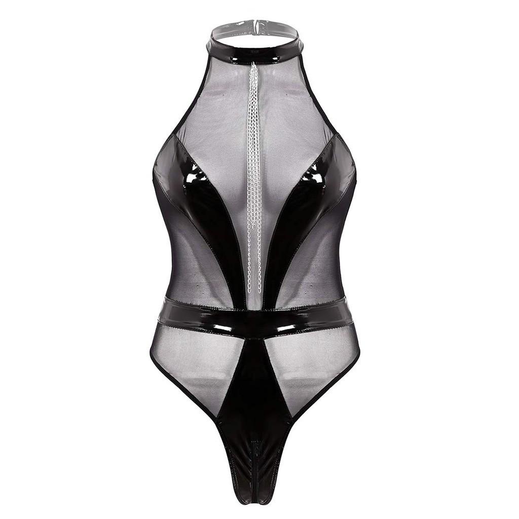 Dame Sexy Leather Mesh Undertøy Undertøy Åpent skritt Bodysuit nattøy