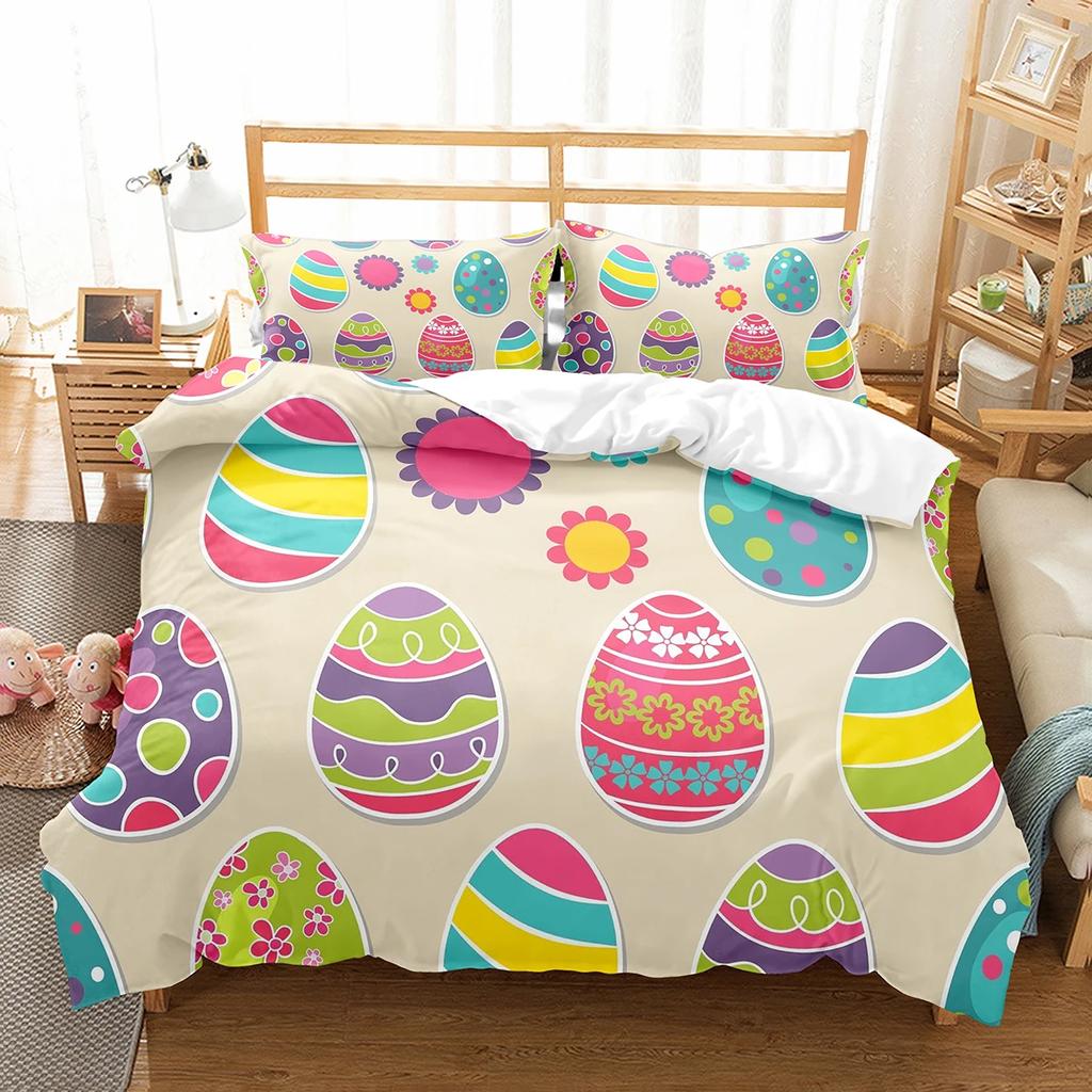 Happy Easter Duvet Eggs Rabbit Pattern Polyester Comforter Cover Festival Gifts for Kids Boys Girls Bedding Set with Pillowcase